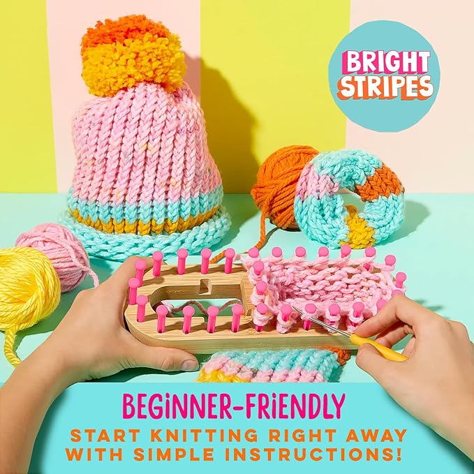 Bright Stripes Nimble Knitter Kit| 4-in-1 Adjustable Bamboo Loom with Chunky Yarn & Guide| DIY Craft Set to Make Scrunchies, Hats, Bags & More| Great for All Ages