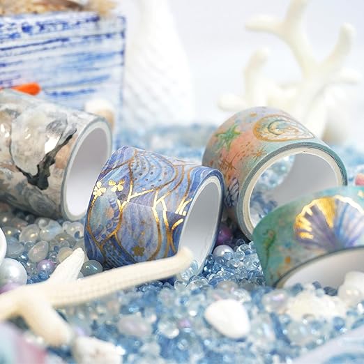 YUBX Marine Life Washi Tape Set 24 Rolls Gold Silver Foil Masking Underwater World Graphic Decorative Tapes for Arts, DIY Crafts, Journals, Planners, Scrapbook, Wrapping