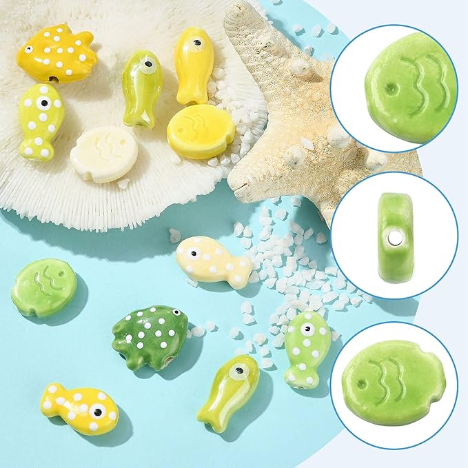 12Pcs Fish Ceramic Porcelain Beads for Jewelry Making 11 Styles Yellow Ocean Sea Beach Animal Spacer Beads for DIY Necklaces Earrings Bracelets Keychains Jewelry Findings Accessories