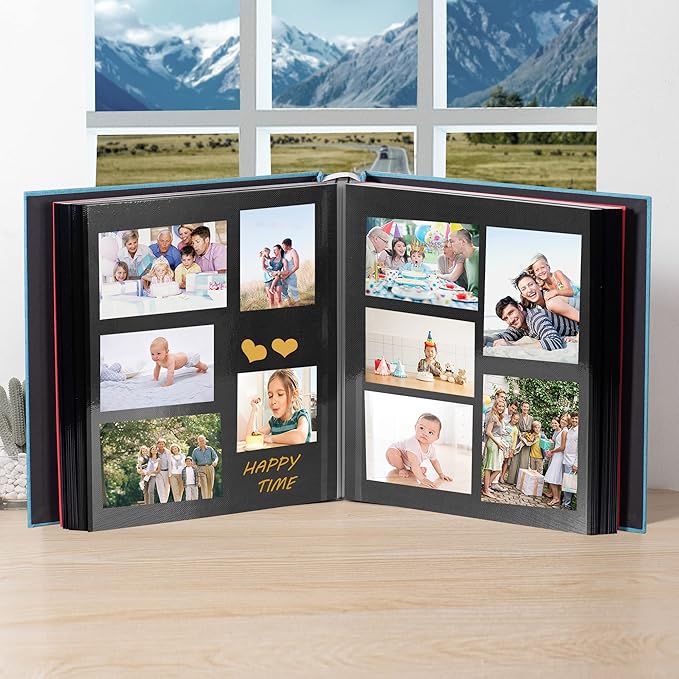 Large Photo Album Self Adhesive 4x6 5x7 3x5 8.5x11 Scrapbook Magnetic DIY - 13 x 12.8 Inches, 120 Black Sticky Pages, Linen Cover (Sky Blue)