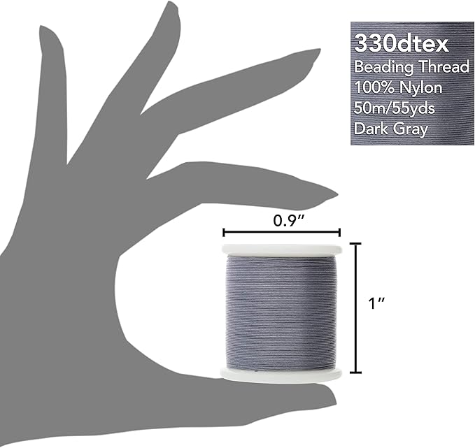 KO Nylon Beading Thread, Dark Grey Color, Japanese Pre-Waxed 100% Nylon, 330TEX, Tangle Resistant Knotting Cords, 50m /55 yds Spool, Use for Seed Bead Projects, Loom Work & Bead Weaving