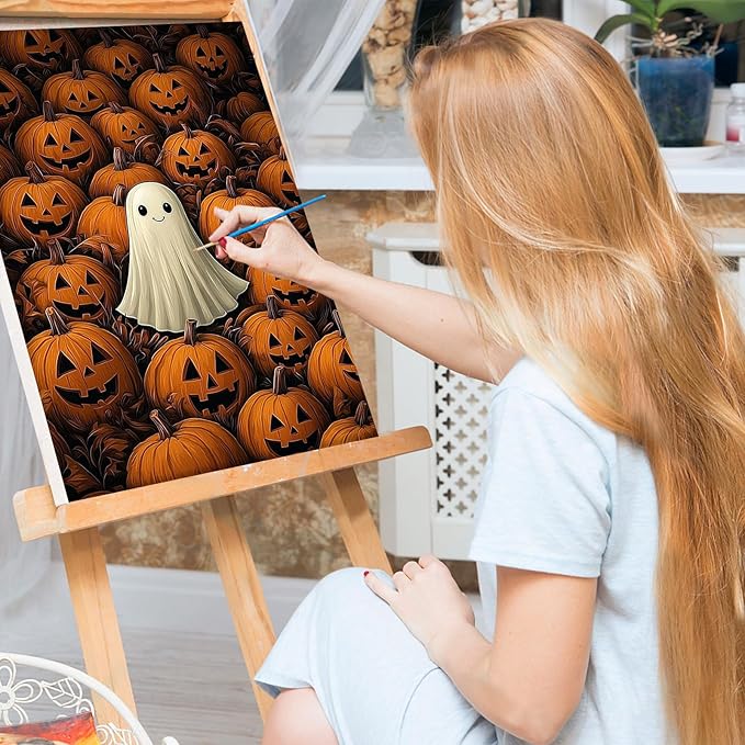 Bowetile Halloween Framed Paint by Numbers for Adults, Ghost Adults' Paint-by-Number Kits on Canvas, Easy Acrylic Pumpkin Number Painting Crafts Kits Halloween Gifts for Home Decor, 8x12in