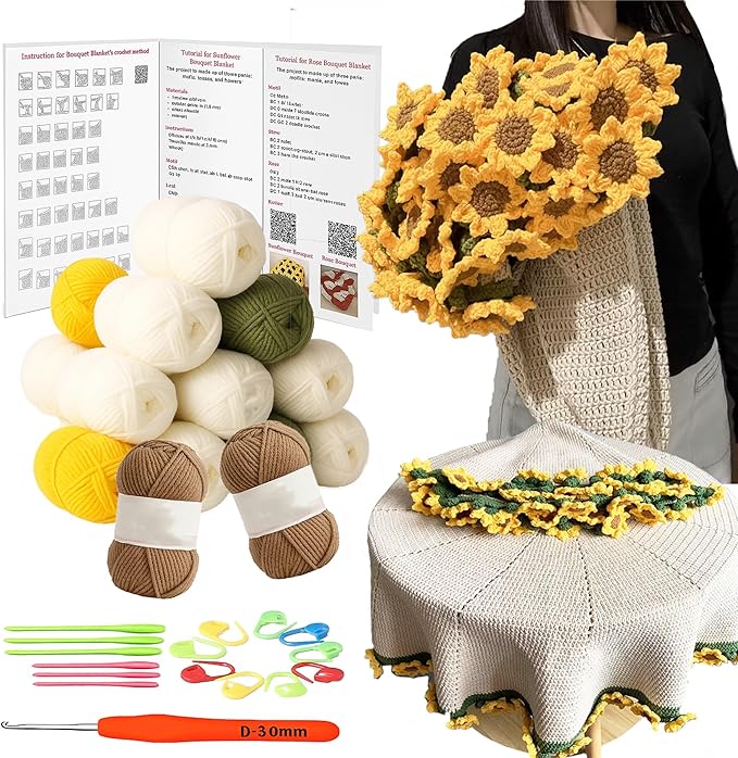 Yarniss Sunflower Blanket Kit for Beginner,Flower Bouquet Blanket Crochet Kit with Step by Step Istruction&Tutorial,Easy Crochet Starter Kit