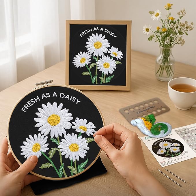 Nuberlic Daisy Embroidery Kits for Beginners, DIY Cross Stitch Starter Kit for Adults Including Cloth with Pattern, Hoop, Needles Instruction and Threads