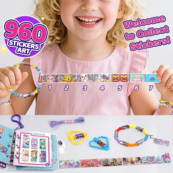plunack 960pcs waterproof & wearable & shareable sticker for kids, bracelet with sticker collection book, fun craft stickers for girls birthday gift, jewelry making bracelets kit for ages 5 6 7 8