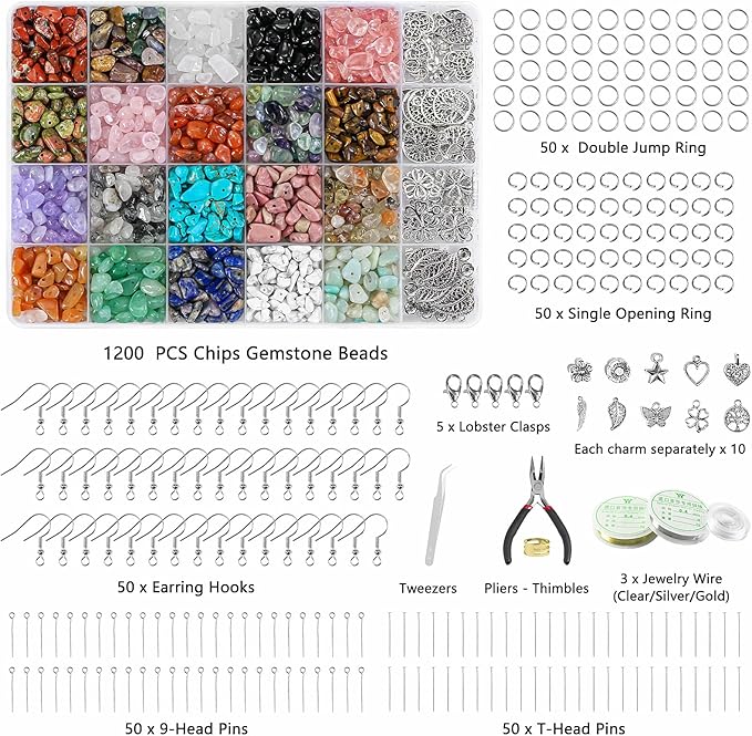 Ouubuuy Jewelry Making Kits for Adults Women with 1200pcs 20 Colors Crystals Beads,Natural Irregular Crystal Chips for DIY Jewelry Bracelet Earring Necklace Craft Making