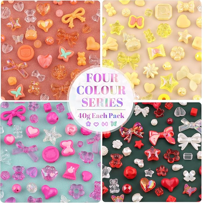 210-270PCS TINKRSTUFF Assorted Acrylic Beads, 4 Colors Mixed Cute Beads for Bracelet Making, Bow Flower GummyBear Kawaii Charms, Aesthetic Bead for Necklace Keychain Jewelry Making DIY Phone Charm