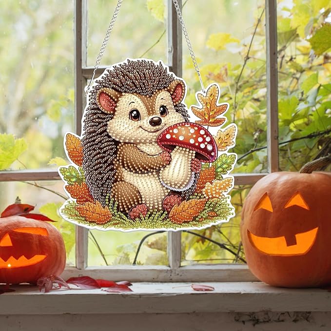 Bowetile Fall Diamond Art Hanging Kits for Adults, Hedgehog Diamond Art Suncatchers, 5D Special Shape Autumn Diamond Painting Pendant Window Ornament Gifts for Home Door Wall Decor