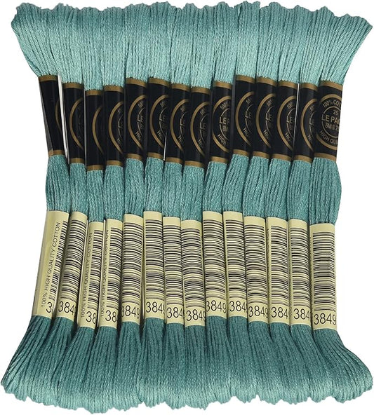 LE PAON Embroidery Floss, 14-Pack Six Strands 100% Long Staple Cotton Embroidery Thread, 8.7-Yard，Color Number：3849, Light Teal Green