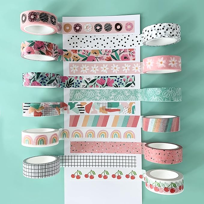 zynshe washi tape set of 12 rolls of 15 mm wide cute decorative washi tape for journaling, scrapbook, washy crafts, bullet journals, planners, diy décor, gift wrapping, craft supplies (retro)
