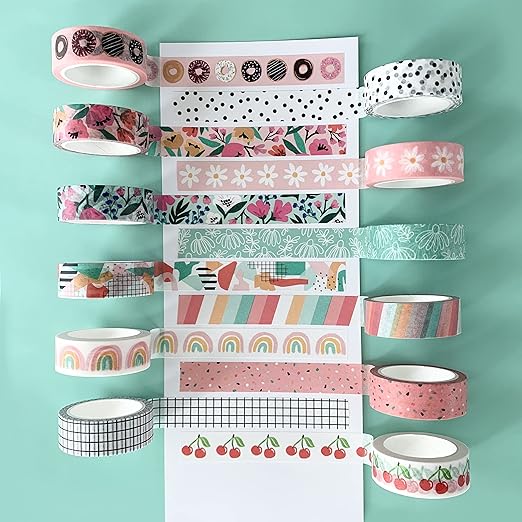 Washi Tape Set of 12 Rolls of 15 mm Wide Cute Decorative Washi Tape for Journaling, Scrapbook, Washy Crafts, Bullet Journals, Planners, DIY Décor, Craft Supplies For Adults & Kids (Retro)