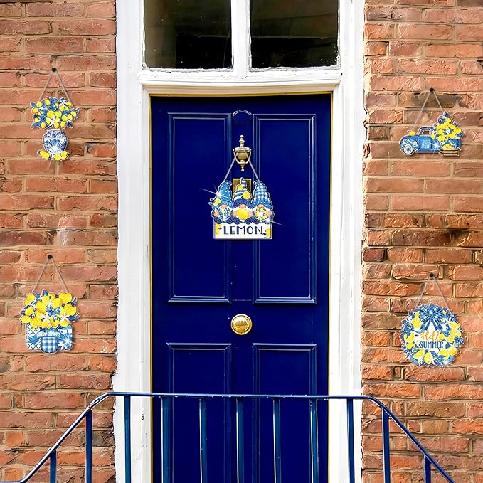 Zonon 6 Pcs Lemon Diamond Art Hanging Sign Decor Summer Capri Lemon Diamond Painting Kits Blue Yellow Adult DIY Craft Art Acrylic Hanging Pendant Ornaments Wreath for Wall Window Home Decorations