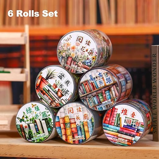 Book-Themed PET Tape Set, 6 Rolls of Library and Nature-Inspired Stickers for Scrapbooking, Journaling, DIY Crafts, and Gift Wrapping