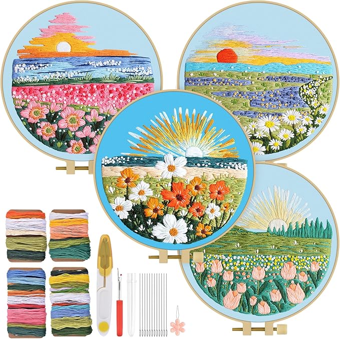 TINDTOP Embroidery Kit for Adult, 4 Pack Cross Stitch Practice Kits for Beginners Include Embroidery Cloth Hoops Threads for Craft Lover Hand Stitch with Embroidery Skill Techniques