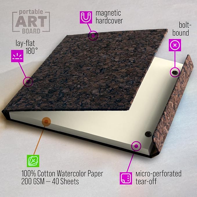Cork Watercolor Pad Hardcover - 100% Cotton Paper 200GSM Cold Press - Magnetic Closure Watercolor Sketchbook, 40 Tear-Off Sheets, Lay-Flat - Artist Watercolor Paper Pad (Dark Cork, 8,5х7,7 inch)