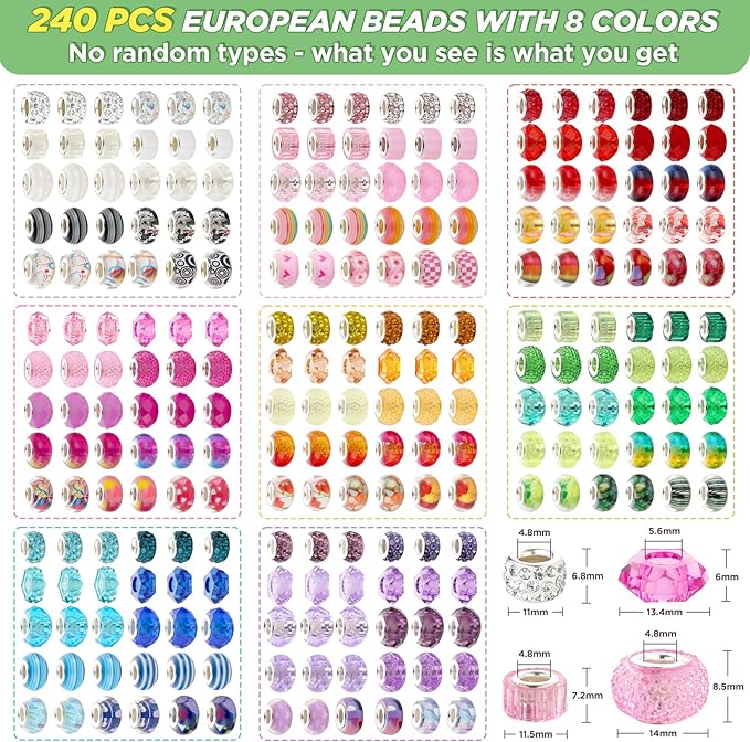 240 Pcs Large Hole Beads, Funtopia 40 Grids Rainbow European Beads for Crafts, Colorful Spacer Bead for Jewelry Making, DIY Charm Bracelets Necklaces Pens and Decorative Crafts, for Girls and Adults