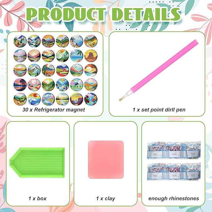 30 Pcs Magnetic Diamond Art Painting Landscape Magnets Fridge Diamond Art Painting Kits Sticker Magnet DIY Craft for Adult Beginner Souvenir Gift Office Home Decor