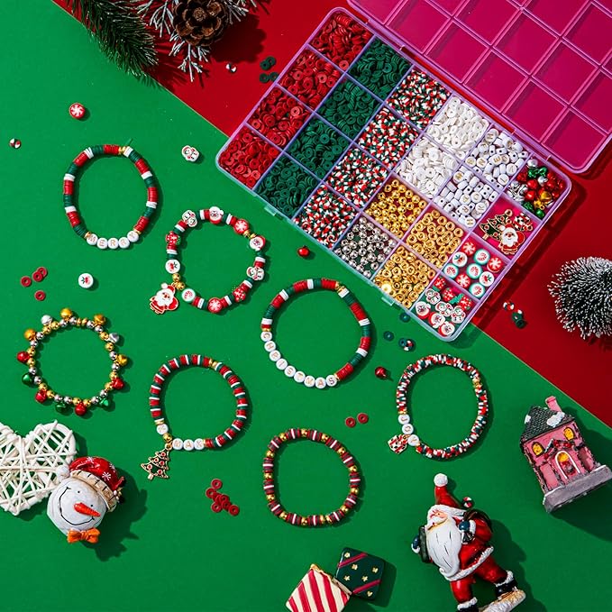 Taybonds Christmas Clay Beads for Bracelets Jewelry Making Kit, Xmas Colored Red Green Heishi Bead Kit,Christmas Charms,Golden Spacer Beads,Letter Beads for Friendship Gift,Holiday Polymer Clay Beads