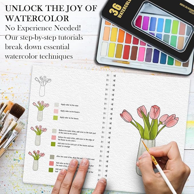 8Pcs Watercolor Workbooks with 2Pcs 36 Paint Colors, Water Coloring Book for Adults with 96 Patterns, Beginner-Friendly Step by Step Watercolor Workbooks for Beginners with 2Pcs 36 Paint Colors