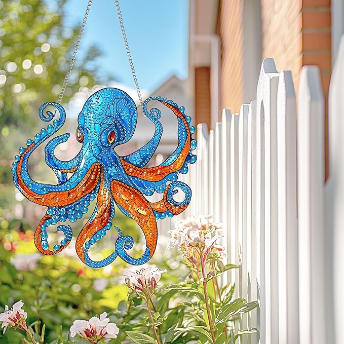 Wergund 5D DIY Octopus Diamond Art Hanging Kits, Hanging Diamond Art Animal, Acrylic Special Shaped Rhinestone, Window Hanging Pendants for Home Wall Garden Front Door Outdoor Decor Gift(Octopus)