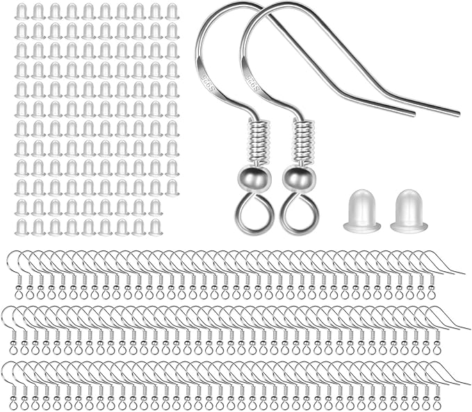 925 sterling silver earring hooks 120 pcs/60 pairs, ear wires fish hooks, hypo-allergenic jewelry findings parts with 120 pcs clear silicone earring backs
