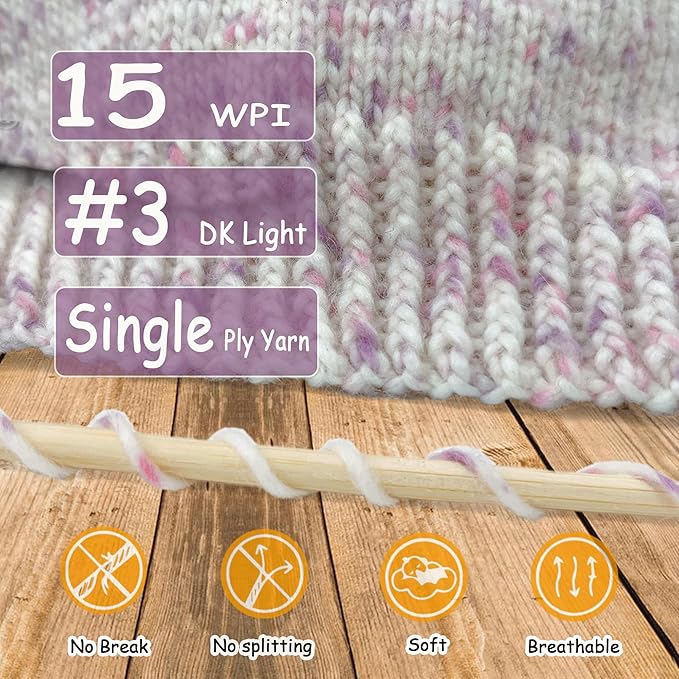 2 Pack Wool Blend Yarn, 2x3.5oz / 285yds, #3 DK, 20% Wool 80% Acrylic, Variegated, Single-Ply Soft Crochet & Knitting Wool Yarn for Sweaters, Scarves, Hats (Petal Whisper)
