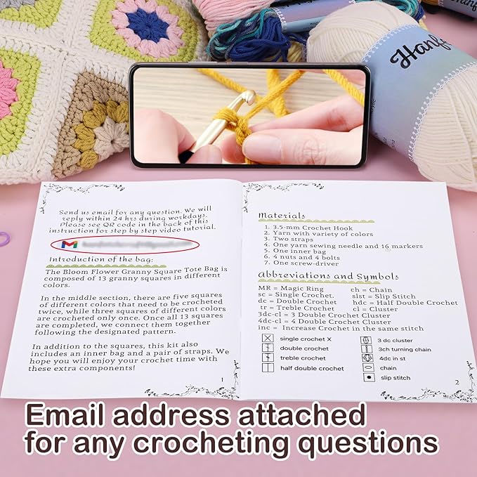 Hanfetch Crochet Kit for Advanced or Intermediate Beginner, Step by Step Video Tutorial and Detailed Guide Instruction DIY Craft Supplies for Adult and Kid with Complete Kit for Granny Square Tote Bag
