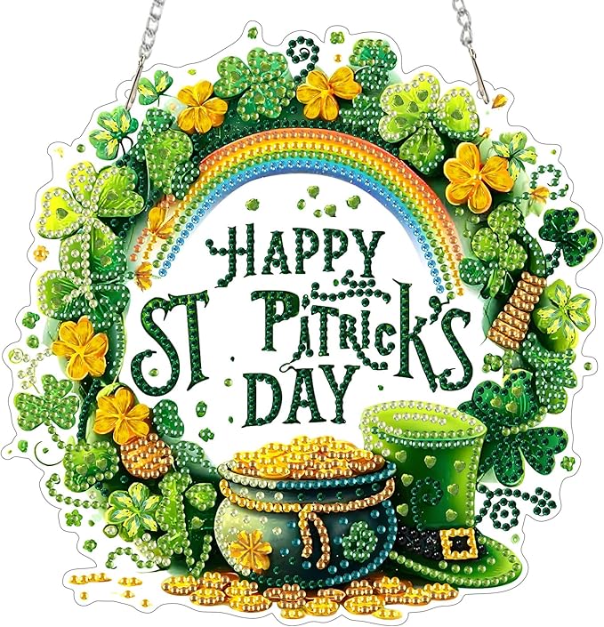 MXJSUA St. Patrick's Day Diamond Art Hanging Kits for Adults Beginners, Crystal Diamond Suncatchers, Special Shape Diamond Painting Pendant Window Ornament Gifts for Home Garden Door Wall Decor