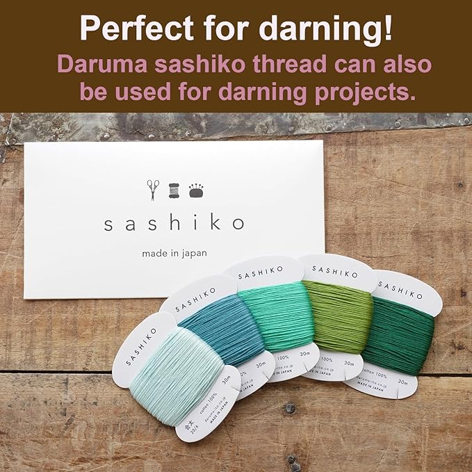 DARUMA Sashiko Thread 100% Cotton Card Type (32.8 yd) x 5 Colors with English Manual, Sewing & Embroidery Value Set with Gift Package(Thick, Komorebi)