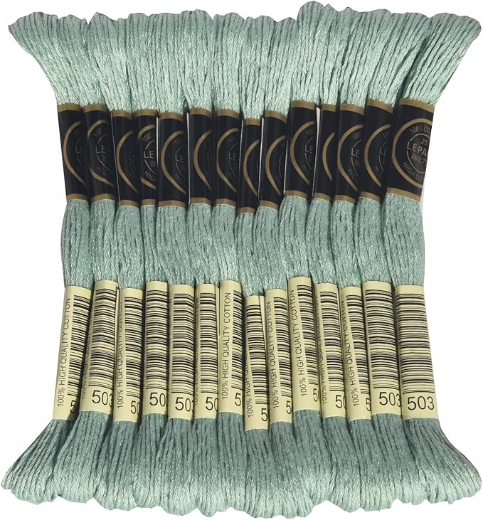 LE PAON Embroidery Floss, 14-Pack Six Strands 100% Long Staple Cotton Embroidery Thread, 8.7-Yard，Color Number：503, Medium Blue Green
