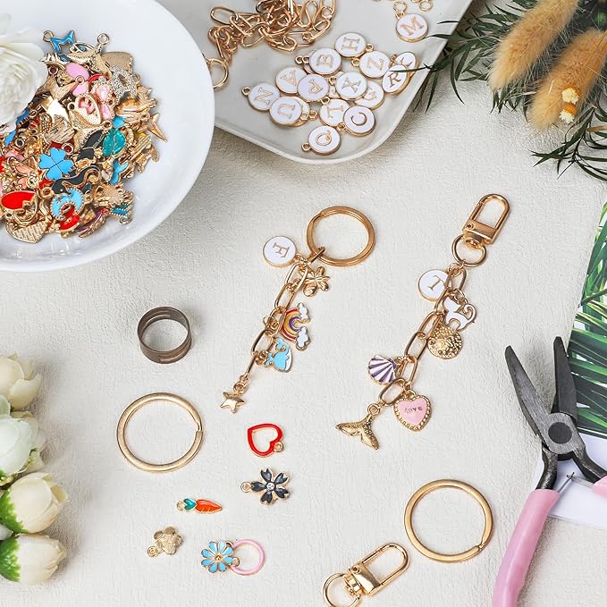 Starry 348Pcs Keychain Making Kit Bag Charm Kit 126 Charms 20 Keychain Clips with Key Ring Jewelry Plier,30 Extender Chain Swivel Snap Hooks Gold Charms 150 Jump Ring DIY Craft Supplies