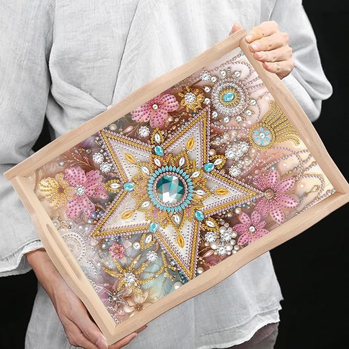 DIY Diamond Art Tray with Handle Diamond Art Painting Plate Creative Design Handmade Wooden Tray Mosaic Making Kits by Number Kits Diamond Art for Coffee Living Room Home Organizer (Five-Pointed Star)