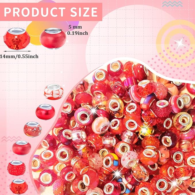Large Hole Beads Red European Beads for Pens 100 Pieces Assorted Large Hole Fairy Wand Garden Beads Lampwork Craft Spacer Beads for DIY Charms Bracelet Necklace Decoration Jewelry Making Supplies