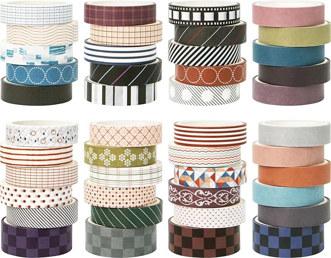 44 Rolls Washi Tape Set, 10 mm and 15 mm Wide Grid Colored Masking Tape for Scrapbooking Supplies, DIY Crafts, Journal Supplies, Planner, Junk Journal (Minimalist)