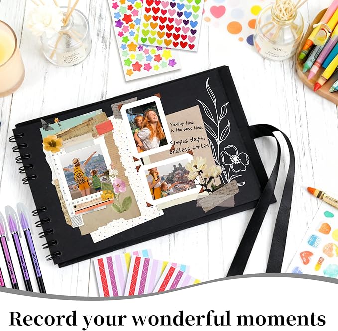 Vienrose Scrapbook Album 80 Pages, DIY Photo Album with Accessories, Black Kraft Paper Memory Book for Wedding, Birthday, Travel, Valentine, Mother’s Day, 11x8 Inches