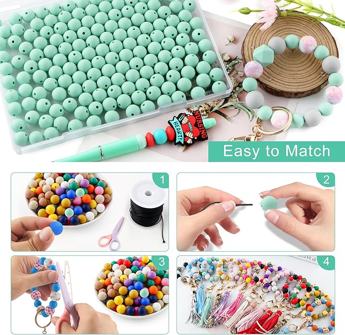 160Pcs 12mm Silicone Beads for Keychain Making Bracelet Necklace, Bulk Round Silicone Beads for Pens（Mint Green）