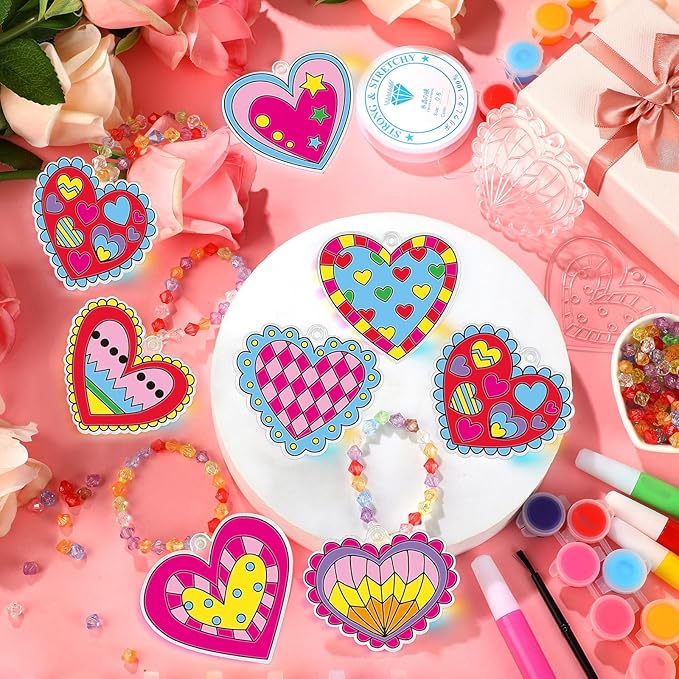 Sonwyoung 30 Sets Valentine's Day Suncatchers Craft Kits, DIY Heart Glow in The Dark Suncatcher Kits Stained Glass Window Paint Art for Valentines Activities Art and Craft Party Favors