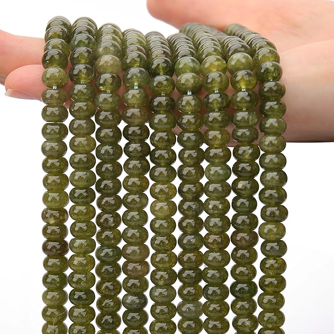 2 Strands (150PCs) Olive Green Jade Rondelle Beads, 5 * 8mm Gemstone Loose Spacer Abacus Disk Beads for DIY Bracelet Necklace Earrings Jewelry Making, Craft Supplies Beading Kit