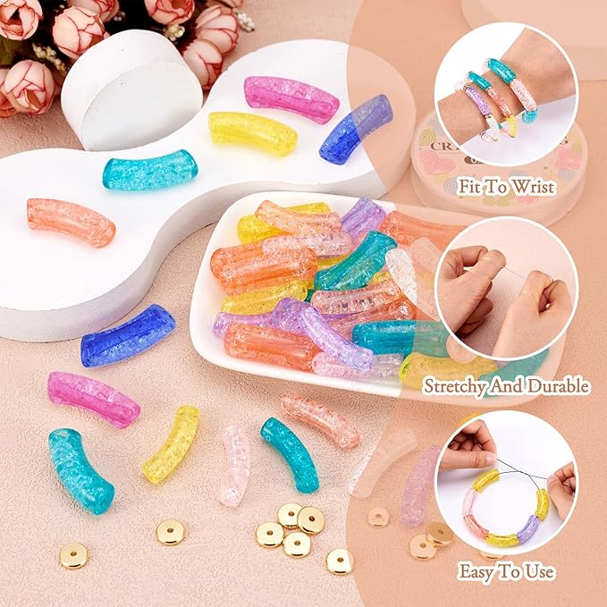 Sparkeads 120PCS Bamboo Tube Bracelet Making Kit for Women Friendship Gift Stacking Bangles Transparent Chunky Curved Acrylic Beads Metal Spacers Elastic Thread