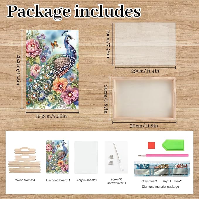 DIY Diamond Art Tray with Handle Diamond Art Painting Plate Creative Design Handmade Wooden Tray Mosaic Making Kits by Number Kits Diamond Art for Coffee Living Room Home Organizer (Peacock)