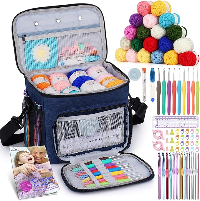 aeelike complete beginner kit 87pcs, crochet kit for beginners adults, navy portable yarn bag, 23 crochet hooks,yarn 20 colors skeins, instruction & crocheting accessories