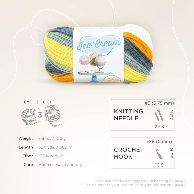Lion Brand Yarn, Ice Cream Baby Yarn for Knitting, Crochet, and Crafts, Tiger Tail, 3 Pack, DK Weight Colorful Acrylic Fiber for Baby Blankets, Hats, and Sweaters