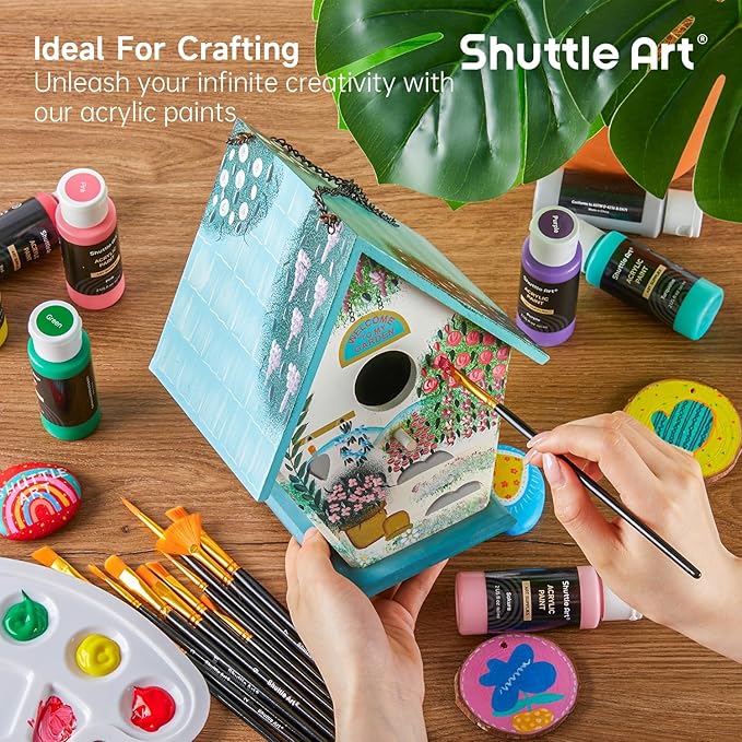 54 Colors Acrylic Paint, Shuttle Art Acrylic Paint set with 12 Paint Brushes, 2oz/60ml Bottles, Rich Pigmented, Water Proof, Premium Paints for Artists, Beginners and Kids on Canvas Rocks Wood Ceramic