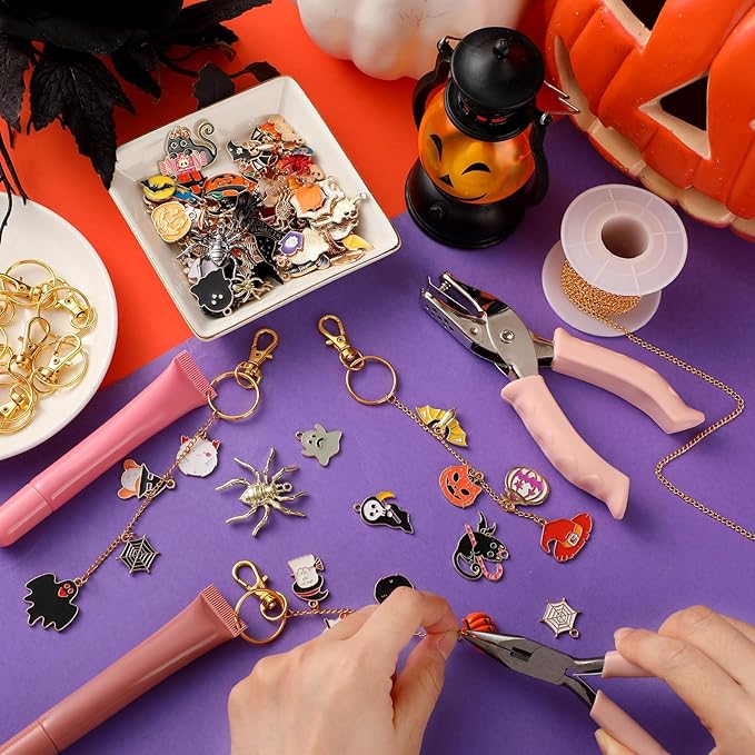 VioraWhite 213 Pcs Halloween Theme Lip Gloss Keychain Making Kit 100 Pink Enamel Charms 32.81 ft Gold Chains for DIY Crafts Women