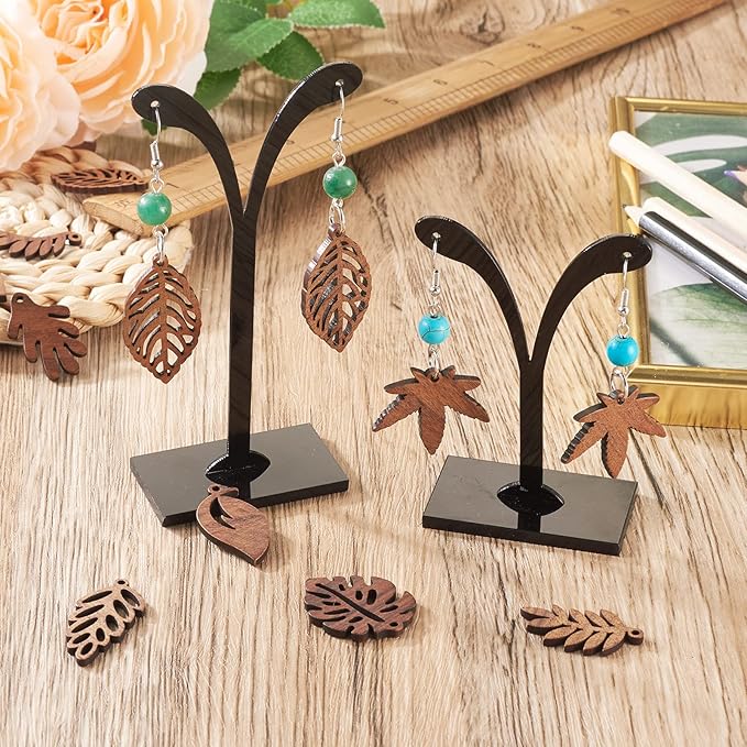 Cheriswelry Wood Leaf Earring Natural Wooden Dangle Earrings Making Kit Coconut Brown Wood Leaf Charms Brass Earring Hooks Jump Rings for Women Jewelry Decoration 25-36mm (144Pcs/Box)