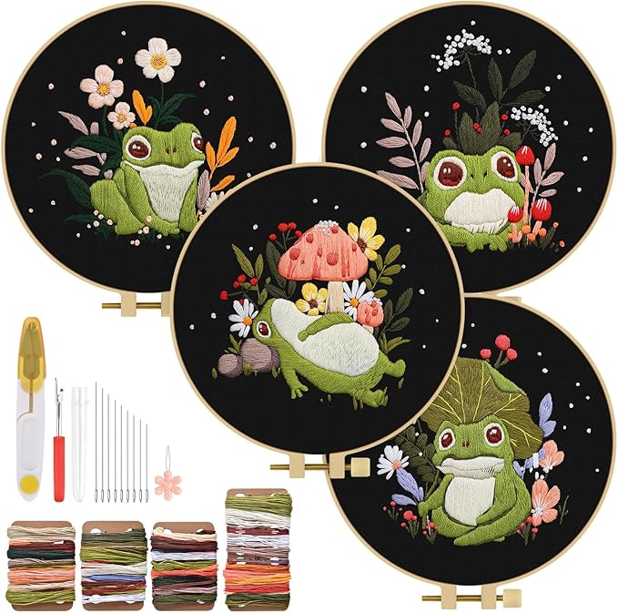 TINDTOP 4 Pack Embroidery Kit for Adult, Embroidery DIY Starter Kit, with Stamped Patterns, Hoop, Tools, Colorful Threads with Needles, Instructions