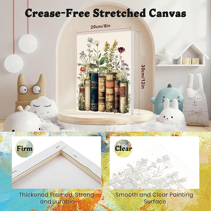 xackcme Book Paint by Numbers for Adults with Framed Canvas - with Wooden Easel, Flowers Paint by Number on Canvas, DIY Books Acrylic Oil Painting Kits with Brushes for Home Wall Decor (8x12 inch)