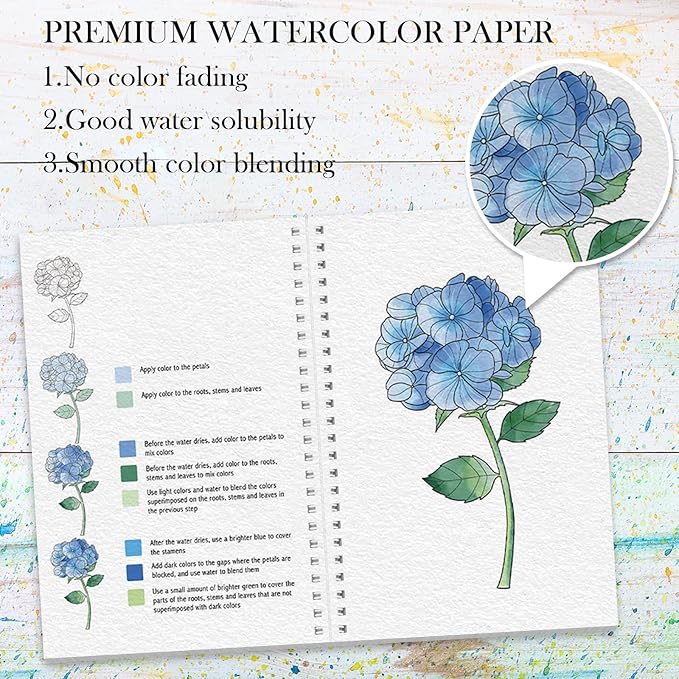 Watercolor Workbook, Watercolor Workbook Paint Book Beginner Friendly with 12 Patterns, Beginner-Friendly Watercolor Workbooks with 12 Paint Colors & Brush, Water Color Paint Set Valentine's Day Gift
