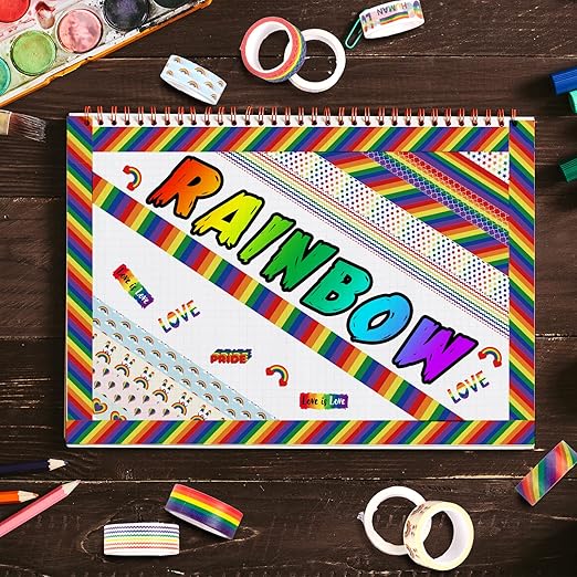 Whaline 12 Rolls Rainbow Washi Tape Gay Pride Day Washi Masking Tape Colorful Heart Love Decorative Paper Stickers for Birthday Gay Pride Day Scrapbook Gift Wrapping DIY Art Crafts