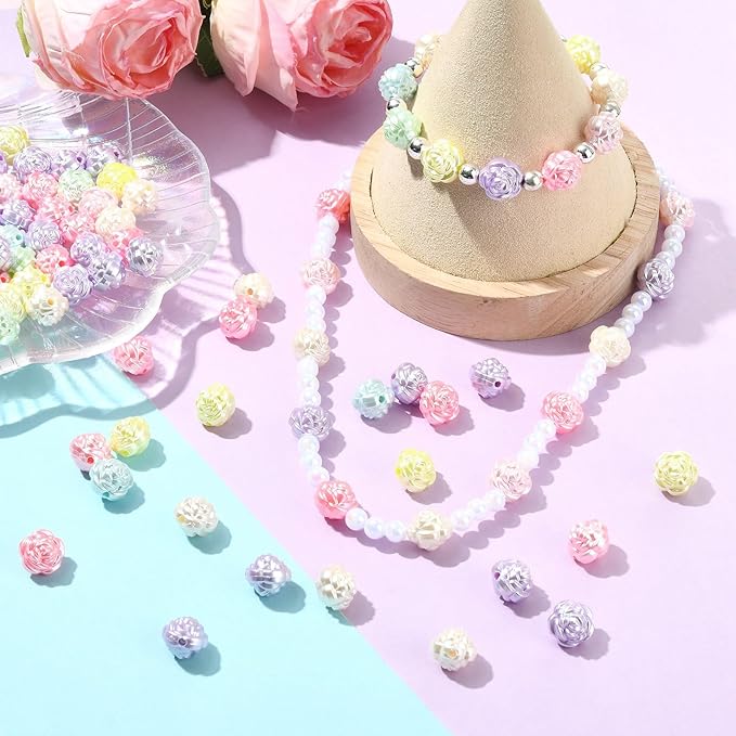 Ipotkitt 100 Pcs Imitation Pearl Acrylic Rose Beads Random Color Spring Flower Beads Valentine Rose Spacer Loose Beads for DIY Jewelry Crafts Supplies Decoration
